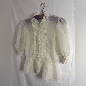 VTG Ivory Sheer Lace Pearl Button Puff Sleeve Victorian Blouse Size S/M